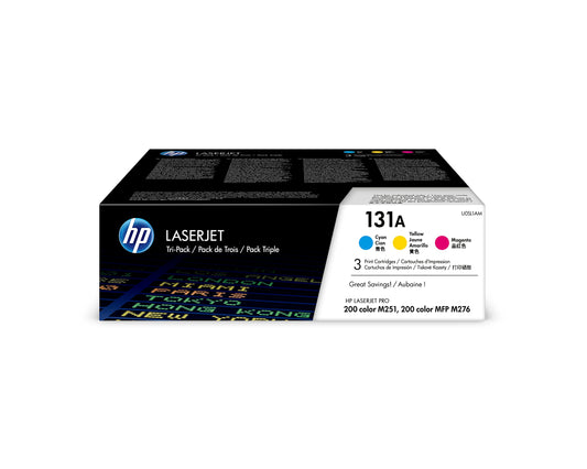 HP 131A U0SL1AM Original Toner - Multipack CMY 3er-Pack: Drei quaderförmige CMY-Tonerkartuschen zum Drucken in HP Laserprintern.