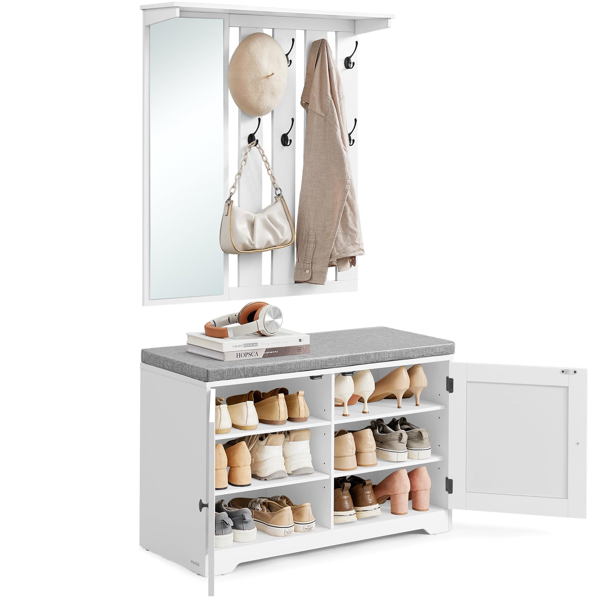 VASAGLE Schuhbank mit Wandgarderobe, Garderoben-Set mit Spiegel, weiss