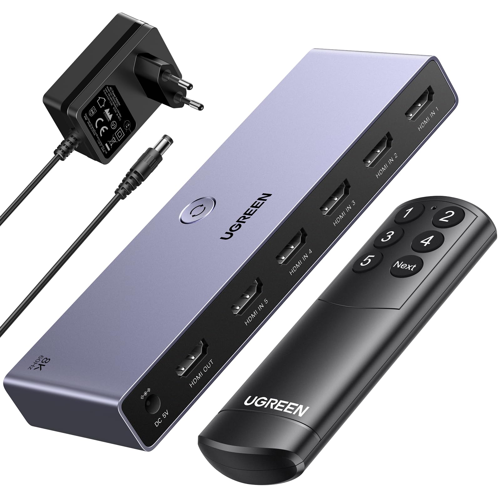 UGREEN HDMI Switch 5 in 1 Out, 8K@60Hz, HDMI 2.1 mit Fernbedienung, Aluminiumgehäuse mit fünf Eingängen und LED-Anzeige