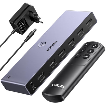 UGREEN HDMI Switch 5 in 1 Out, 8K@60Hz, HDMI 2.1 mit Fernbedienung, Aluminiumgehäuse mit fünf Eingängen und LED-Anzeige