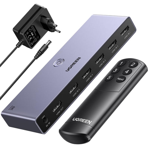 UGREEN HDMI Switch 5 in 1 Out, 8K@60Hz, HDMI 2.1 mit Fernbedienung, Aluminiumgehäuse mit fünf Eingängen und LED-Anzeige