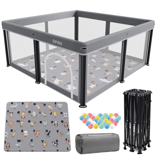 SPRX Baby Laufstall faltbar mit Matte, 127 x 127 cm, inkl. 30 Bälle – Spielbereich mit Netzseiten