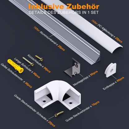 Chesbung LED Aluminium Profil V-Form 20x1m für LED Streifen bis 12 mm