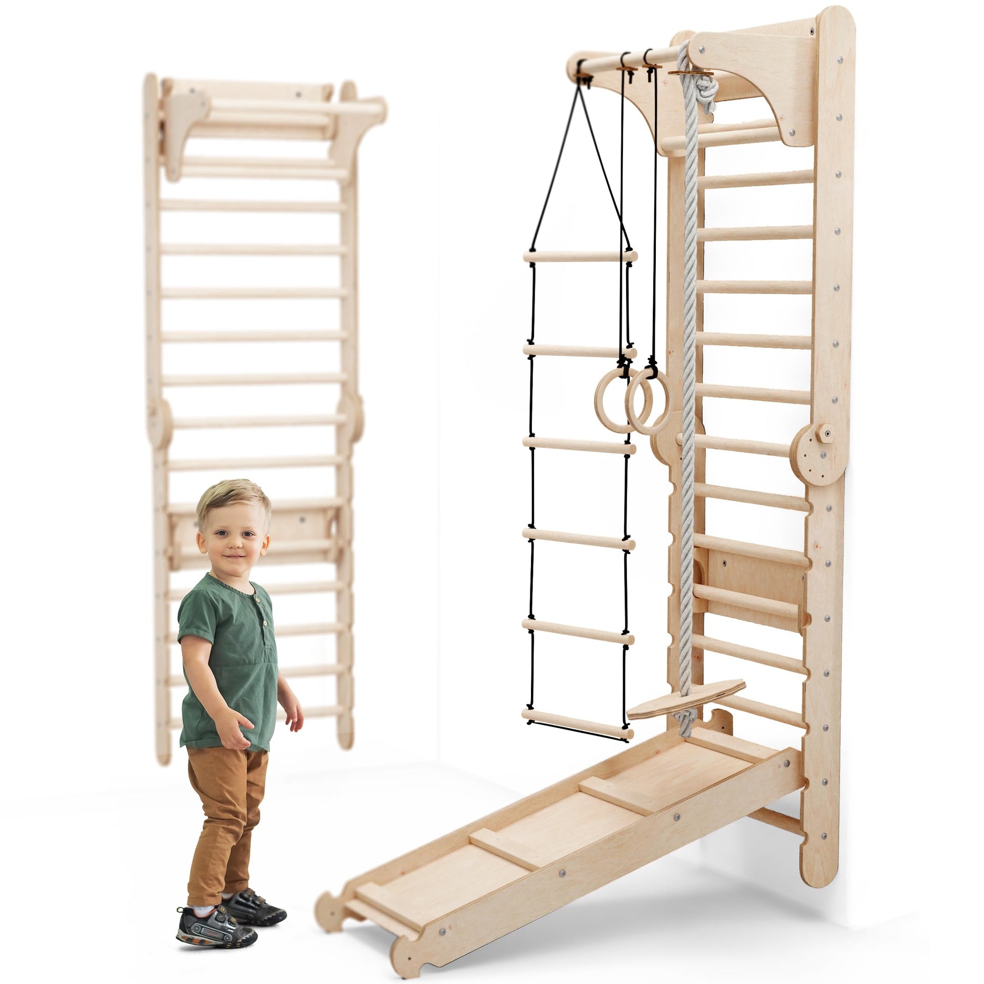 Kids Holz Schwedenwand Kletterdreieck & Rutsche Set - 6-in-1: Modulares Holzspielgerät mit Sprossen, dreieckiger Leiter und Rutschfläche. Fördert Motorik & Koordination durch Klettern, Balancieren, Rutschen.