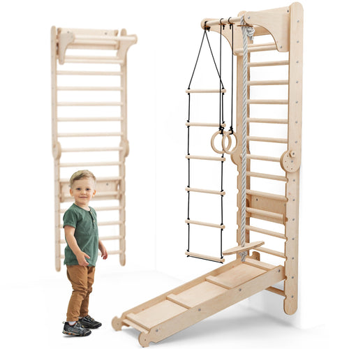 Kids Holz Schwedenwand Kletterdreieck & Rutsche Set - 6-in-1: Modulares Holzspielgerät mit Sprossen, dreieckiger Leiter und Rutschfläche. Fördert Motorik & Koordination durch Klettern, Balancieren, Rutschen.