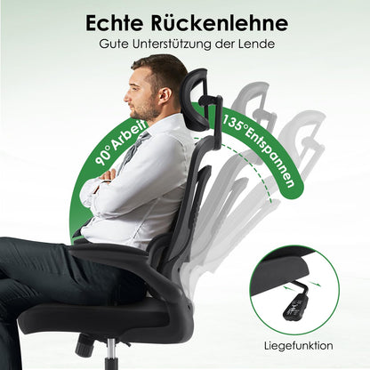 Farini Bürostuhl ergonomisch mit Kopfstütze, höhenverstellbar, schwarz