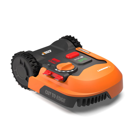 WORX Landroid WR169E Mähroboter mit Begrenzungskabel - 300m². Orange-schwarzer Mähroboter mäht Rasen bis 300m² autonom.