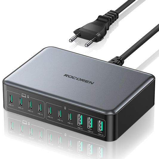 Rocoren 480W GaN USB C Ladestation – 10-Port PD 100W. Schwarze Ladestation. Versorgt und lädt 10 Geräte mit je 100W.