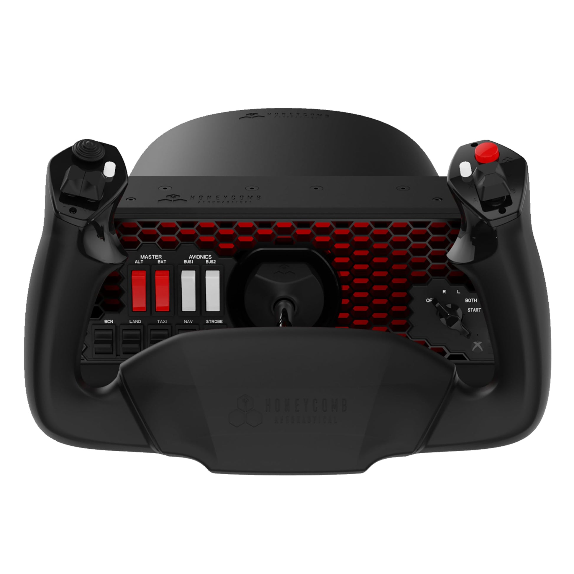 Honeycomb Aeronautical Alpha Flight Controls XPC – Flugsteuerknüppel: Schwarzes U-förmiges Steuerhorn mit Bedienelementen zur Flugsimulation.