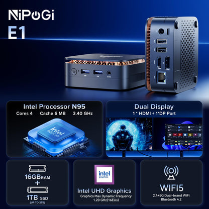 NiPoGi Essenx E1 Mini Desktop PC - Win 11 Pro, N100, 16GB, 1TB SSD