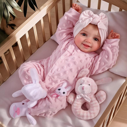 BABESIDE Reborn Puppe Sunny, realistische Babypuppe, 17 Zoll, rosafarbene Punkte-Kleidung mit Stirnband