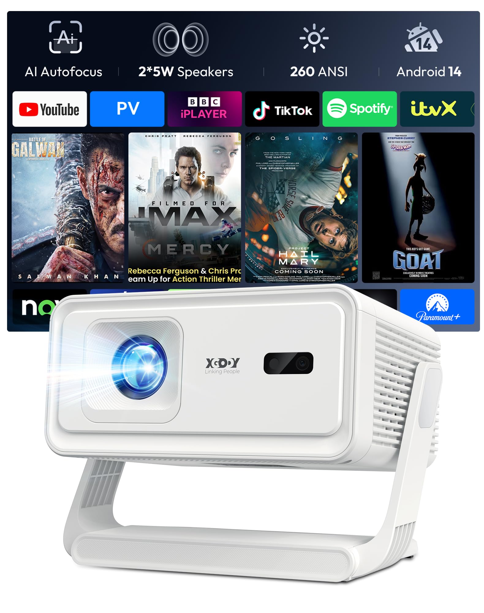 Xgody A1 Smart Beamer 720P Projektor mit WiFi 6 & Bluetooth 5.4 in kompakter Bauweise für Heimkino