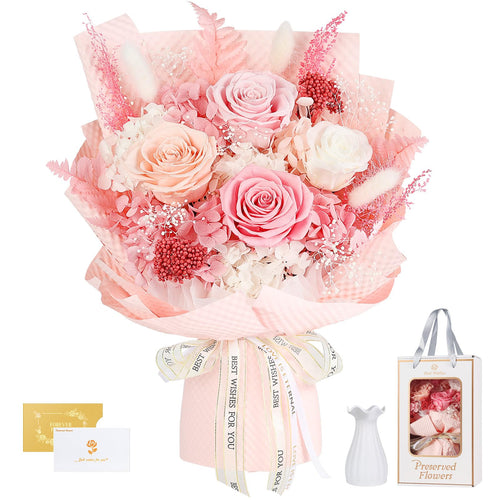MAMAMIKO Ewige Rosen Rosenstrauss mit Vase, rosa, konserviert – vier rosafarbene Rosen in weisser Vase