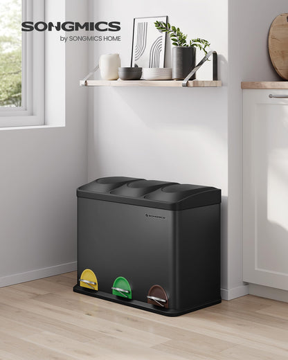 SONGMICS Treteimer LTB45B, Mülltrennsystem 3 Fächer, 45 Liter, schwarz
