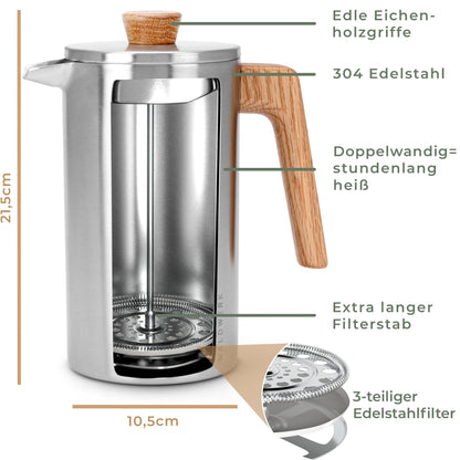 WALDWERK French Press 1L – Kaffeebereiter Edelstahl, Eichenholz