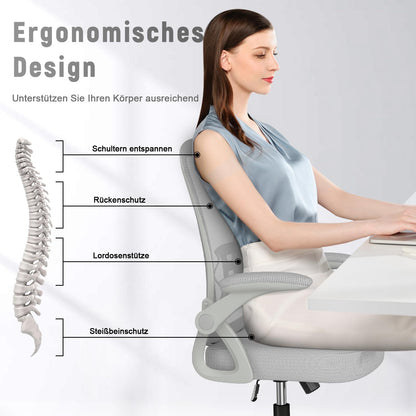naspaluro Bürostuhl mit Verstellbaren Armlehnen, Ergonomischer Schreibtischstuhl mit Netzbespannung, Lordosenstütze, Höhenverstellbarer, Gepolstertem Sitzkissen, 360° Drehstuhl, Grau