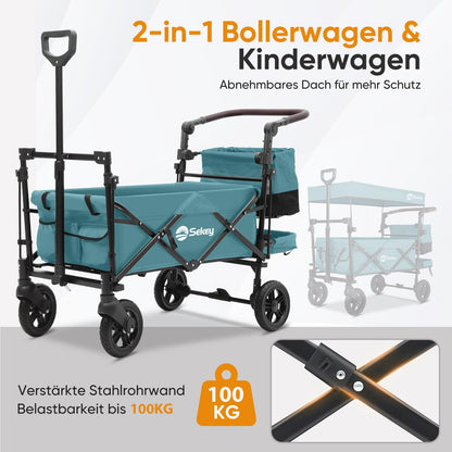 Sekey Bollerwagen faltbar mit Dach für 2 Kinder, 100 kg, dunkelgrün