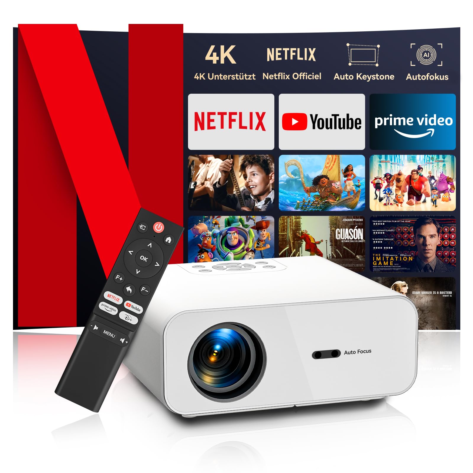 Smart Mini Beamer 4K Heimkino Projektor - Netflix Zertifiziert. Schwarzer Projektor projiziert 4K-Inhalte für Heimkino-Streaming.