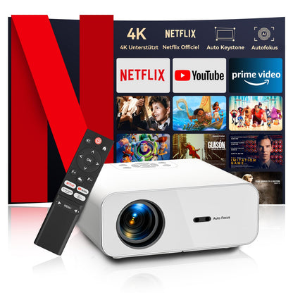 Smart Mini Beamer 4K Heimkino Projektor - Netflix Zertifiziert. Schwarzer Projektor projiziert 4K-Inhalte für Heimkino-Streaming.