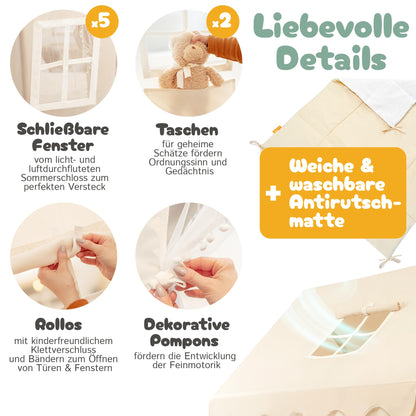 GANZKIND® Kinder Spielhaus Indoor – 2 Eingänge, 5 Fenster