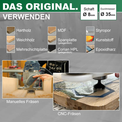 Fraiser Tornado Planfräser Holz 35 mm, 8 mm Schaft, 3 HM-Wendeplatten