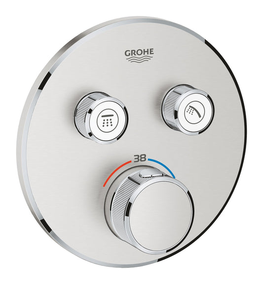 GROHE Grohtherm Smartcontrol Thermostat – Supersteel 29119DC0: Supersteel-Thermostat mit runden Bedienelementen zur präzisen Temperatur- und Flusskontrolle für Dusche oder Bad.