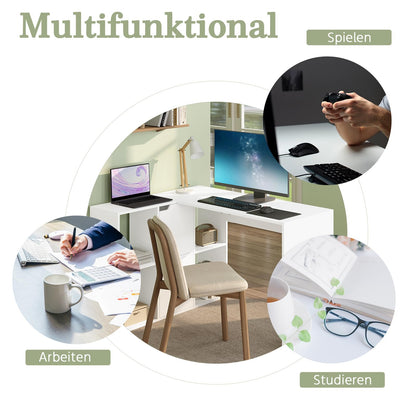 eSituro Eckschreibtisch L-Form – Weiss, 120x100 cm, mit Regalen
