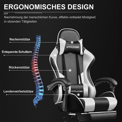 GTPLAYER Gaming & Bürostuhl ergonomisch mit Fussstütze - Weiss