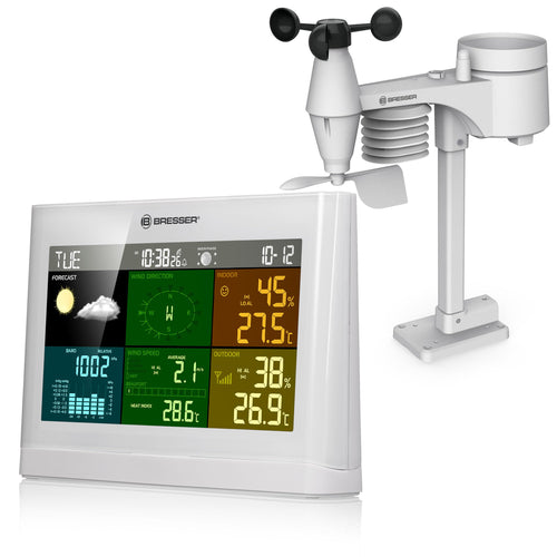 Bresser 5-in-1 Comfort Wetter Center Funk-Wetterstation, weiss, mit Farbdisplay und Aussensensor