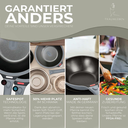 TRAUMLEBEN Wokpfanne Antihaft mit Deckel 28 cm Induktion Grau