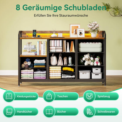 ODK Kommode mit LED, 8 Stoffschubladen, USB & Steckdosen, Vintage