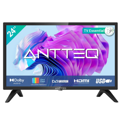 Antteq Essential Series 24 Zoll HD LED TV mit Triple Tuner, schwarzer Flachbildschirm zur Wiedergabe von HD-Fernsehprogrammen.