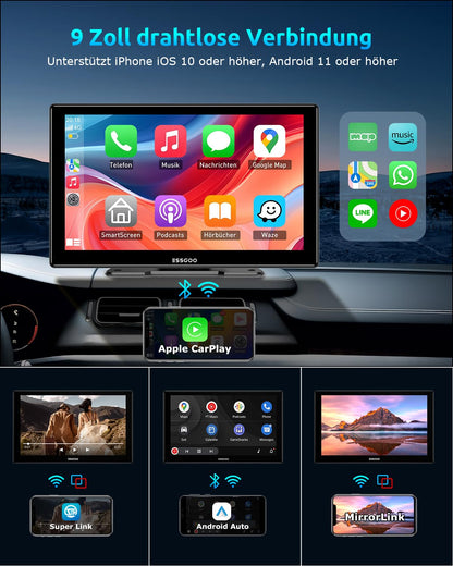 ESSGOO 9 Zoll IPS Carplay Display - Apple CarPlay & Android Auto