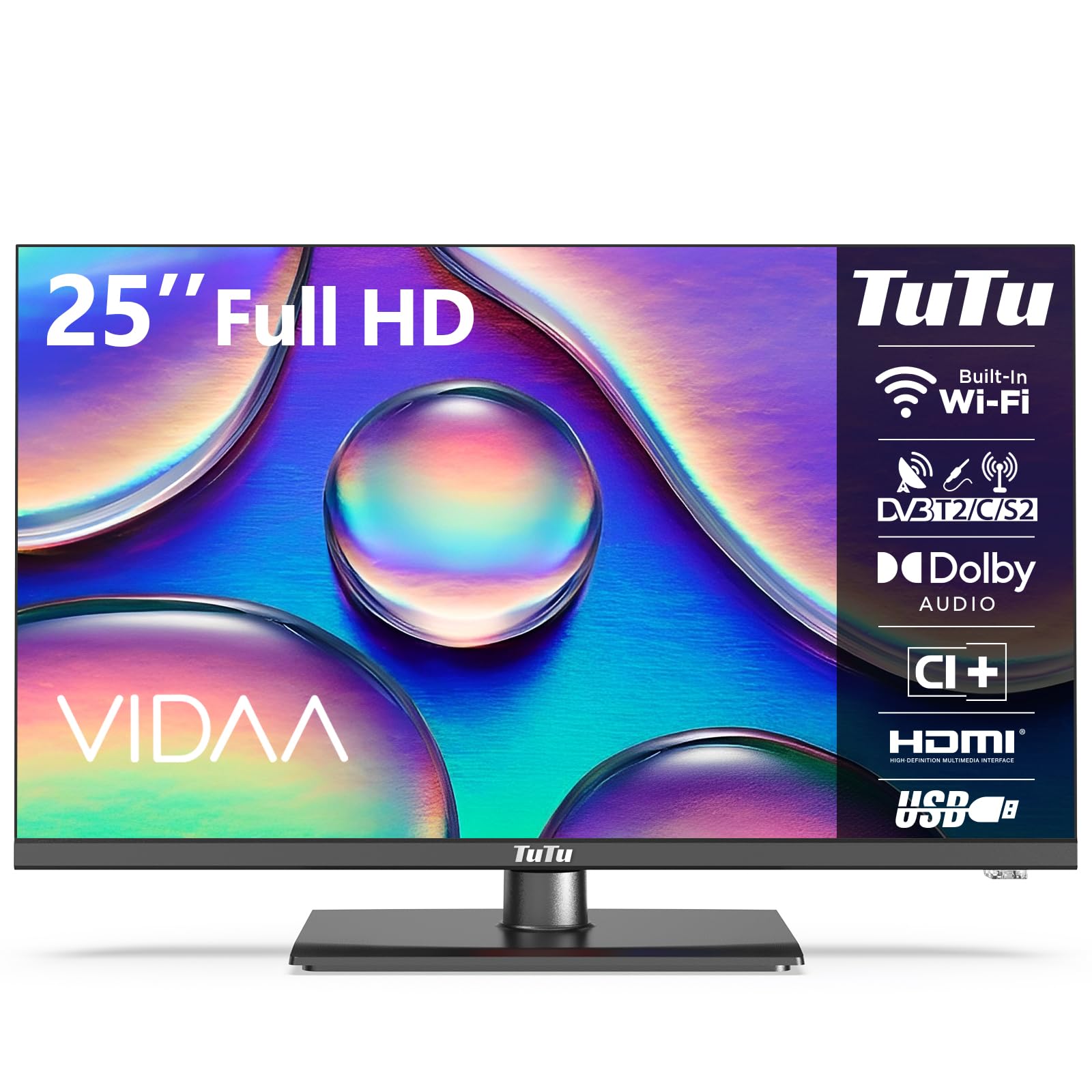 TuTu Smart TV Fernseher – 25 Zoll Full HD Triple Tuner. Rechteckiger, schwarzer Smart TV für hochauflösenden Empfang von TV-Programmen.