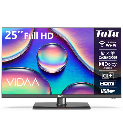 TuTu Smart TV Fernseher – 25 Zoll Full HD Triple Tuner. Rechteckiger, schwarzer Smart TV für hochauflösenden Empfang von TV-Programmen.