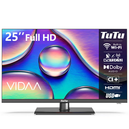 TuTu Smart TV Fernseher – 25 Zoll Full HD Triple Tuner. Rechteckiger, schwarzer Smart TV für hochauflösenden Empfang von TV-Programmen.