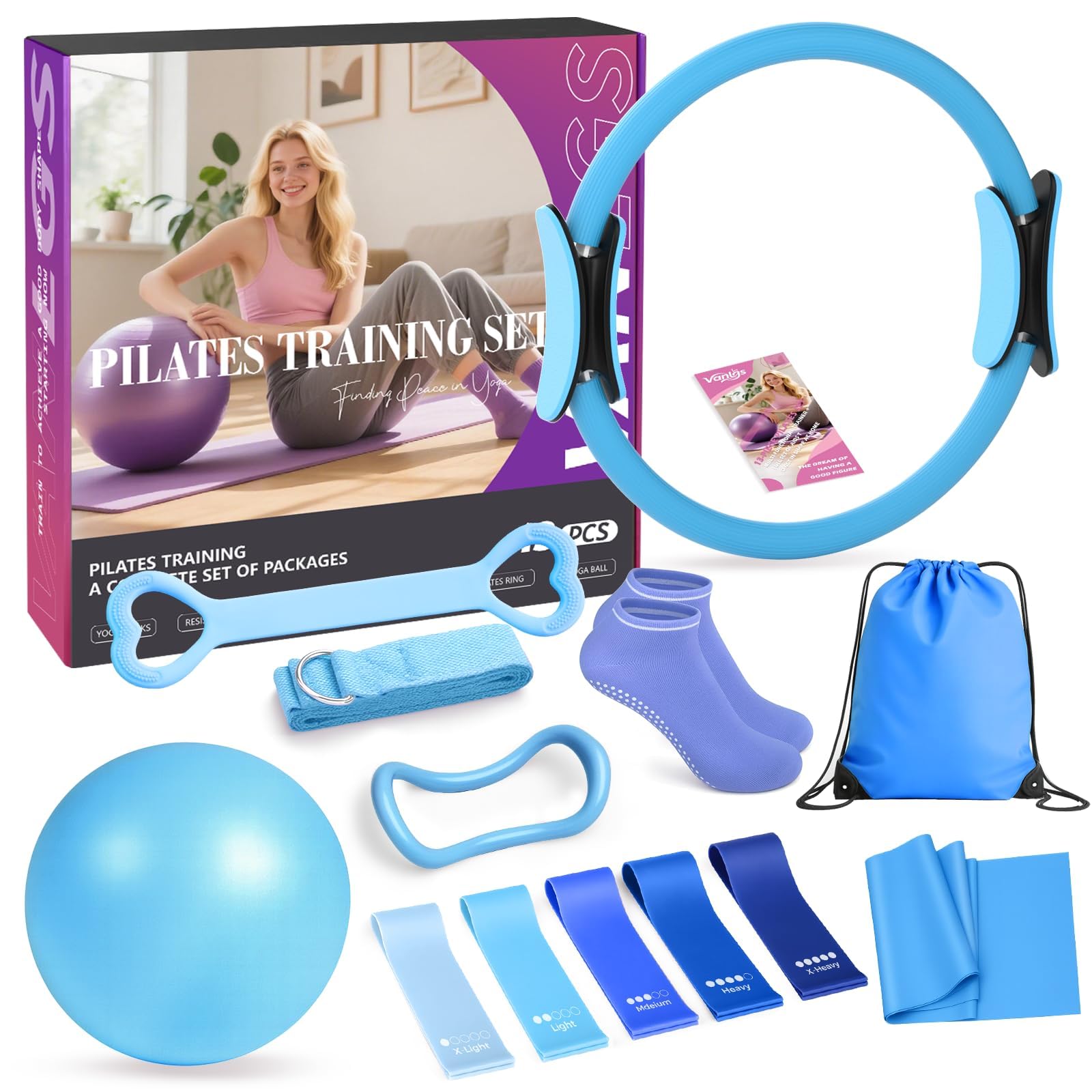 Vanlgs Pilates Set 13-teilig mit Ring, Ball und Widerstandsbändern in Blau für das Training zu Hause