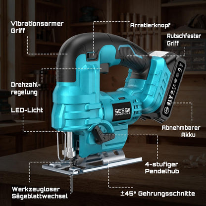 Seesii Akku-Stichsäge JS01 21V mit 2 Akkus und 9 Sägeblättern