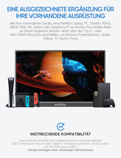 ARZOPA A1M Portabler Monitor für Laptop – 17.3 Zoll FHD HDR IPS
