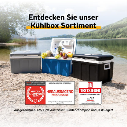 TZS First Austria Kühlbox 45L elektrisch 12V/230V – Grau mit Rollen
