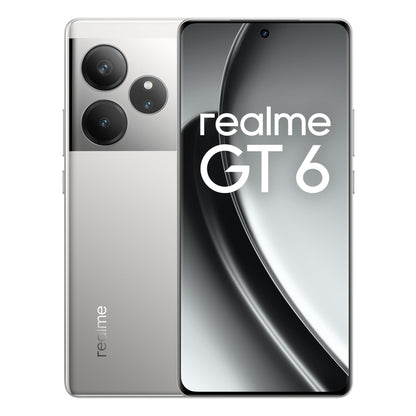 realme GT6 5G Smartphone, rechteckig, fluid silver. Mobiles Kommunikationsgerät mit 256GB Speicher für Apps und 5G Mobilfunk.