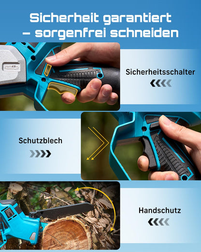 SEESII Mini-Kettensäge 6 Zoll, Akku-Einhandsäge mit 2 Akkus