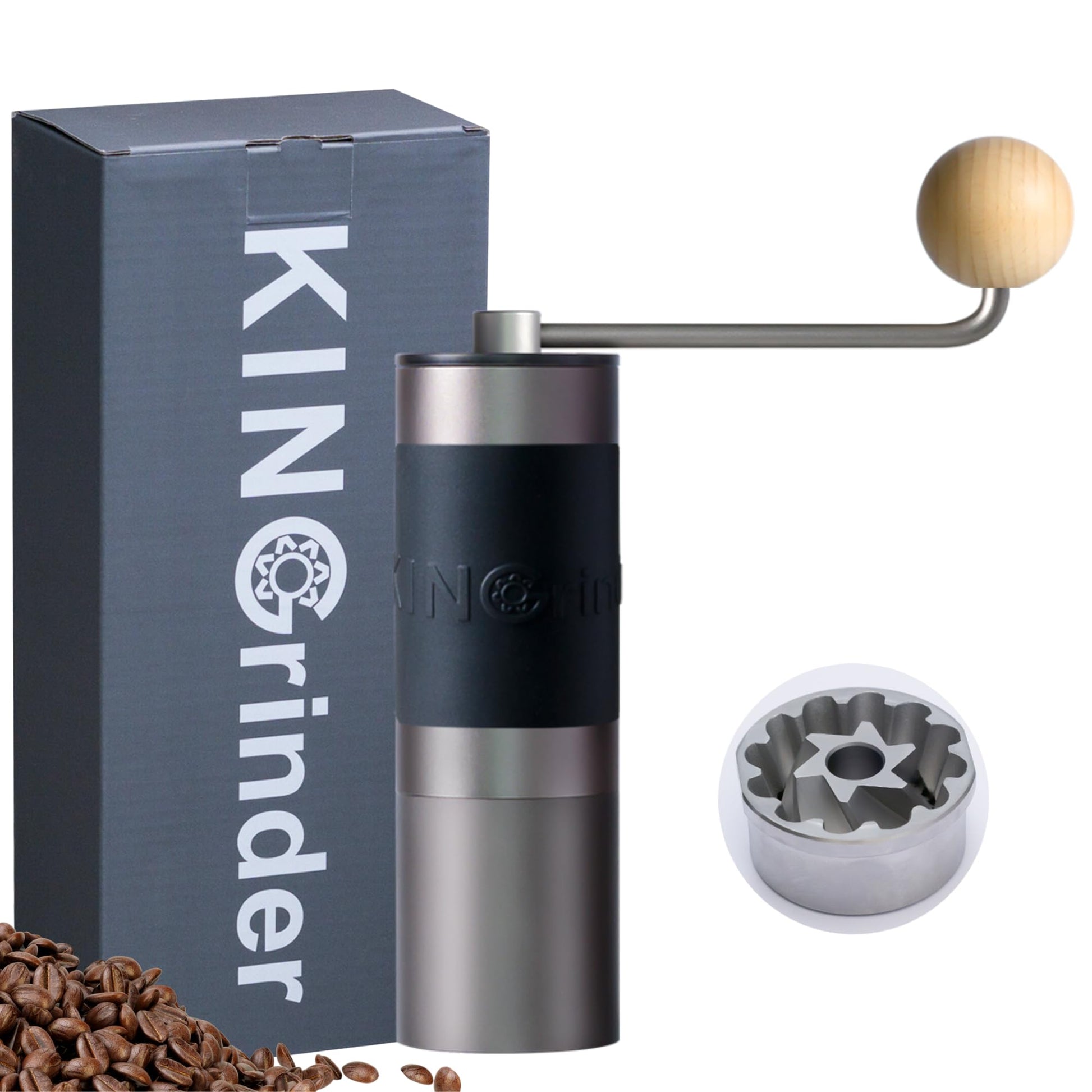 KINGrinder K2 Manuelle Kaffeemühle – Gerader Griff, Espresso & Filter. Zylindrischer Metallkorpus zum Mahlen von Kaffeebohnen.