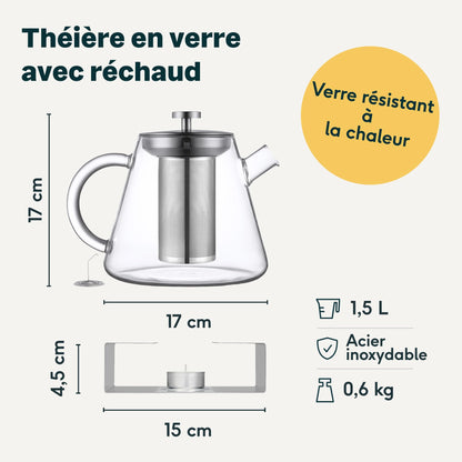 SILBERTHAL Teekanne mit Stövchen Set, Glas, 1,5 Liter und Teesieb