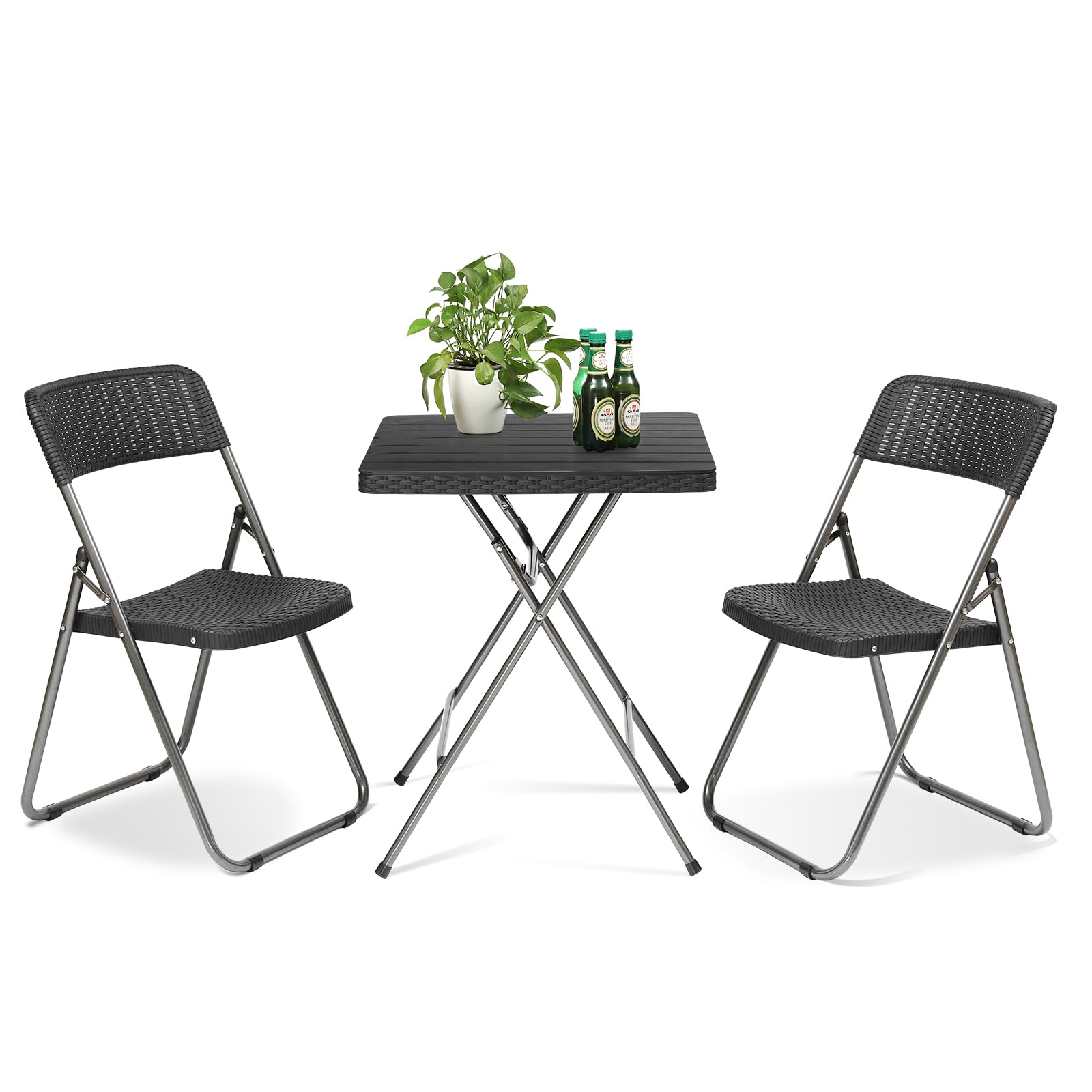 Sekey Balkonset 3-teilig klappbar, Rattan-Optik, 2 Stühle & Tisch in Schwarz mit Holzmaserung