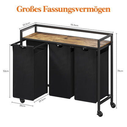 Lifewit Wäschekorb 3 Fächer auf Rollen 120L – Schwarz