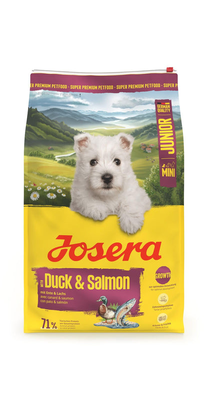 JOSERA Mini Junior Ente & Lachs Trockenfutter für Welpen 10 kg, glutenfrei, kleine Kroketten