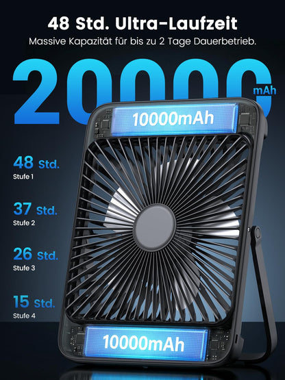 Warmco Akku-Campingventilator D4 mit LED-Lampe, 20000 mAh, leise