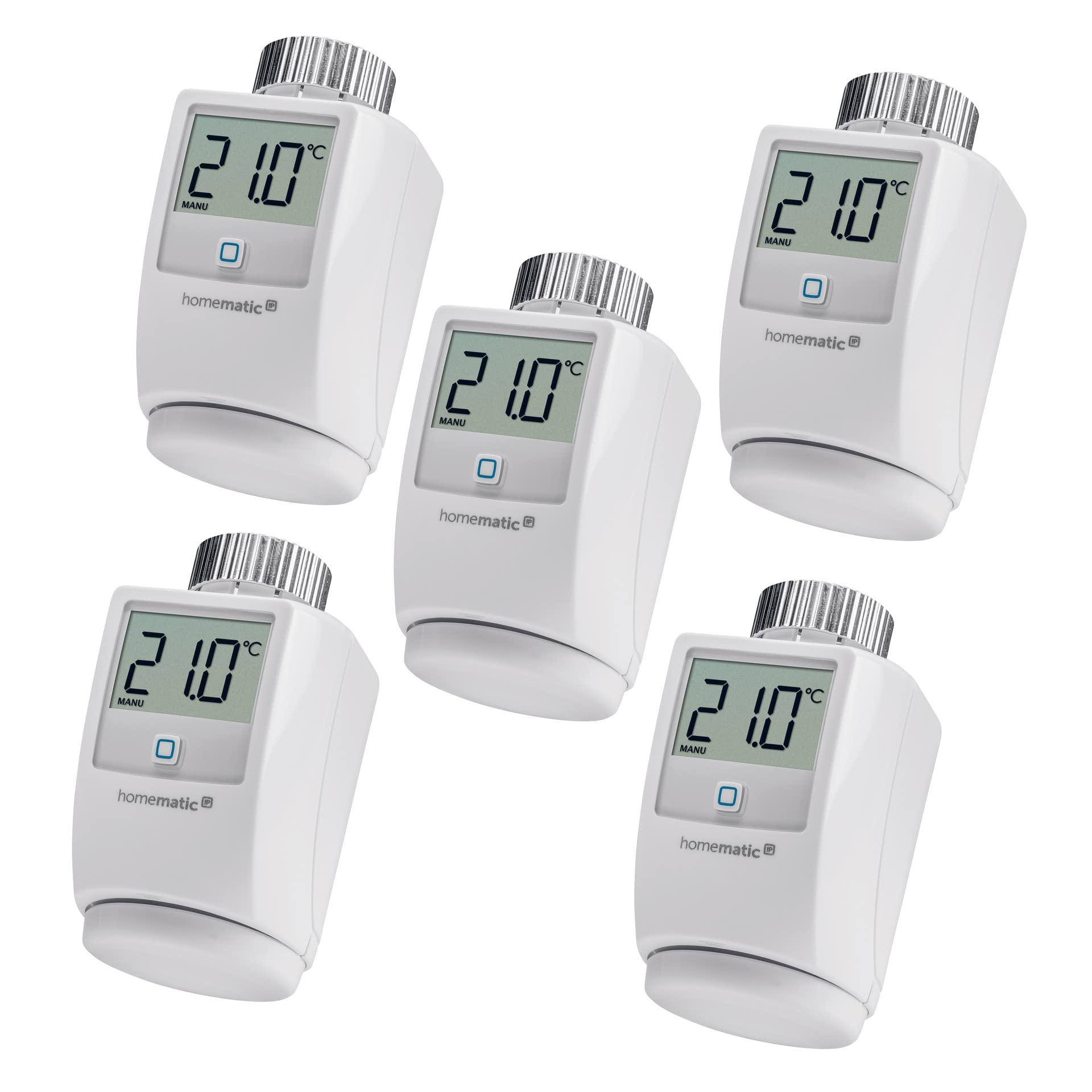 Homematic IP Heizkörperthermostat Digital 5er-Set 140280A0. Weiße, zylindrische Thermostate zur digitalen Raumtemperaturregelung an Heizkörpern.