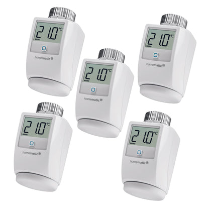 Homematic IP Heizkörperthermostat Digital 5er-Set 140280A0. Weiße, zylindrische Thermostate zur digitalen Raumtemperaturregelung an Heizkörpern.